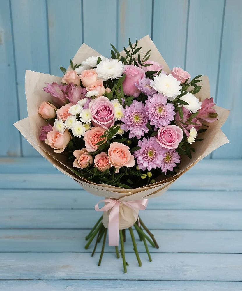 Букет цветов из: Хризантемы, Розы и Альстромерии в Вышестеблиевской
