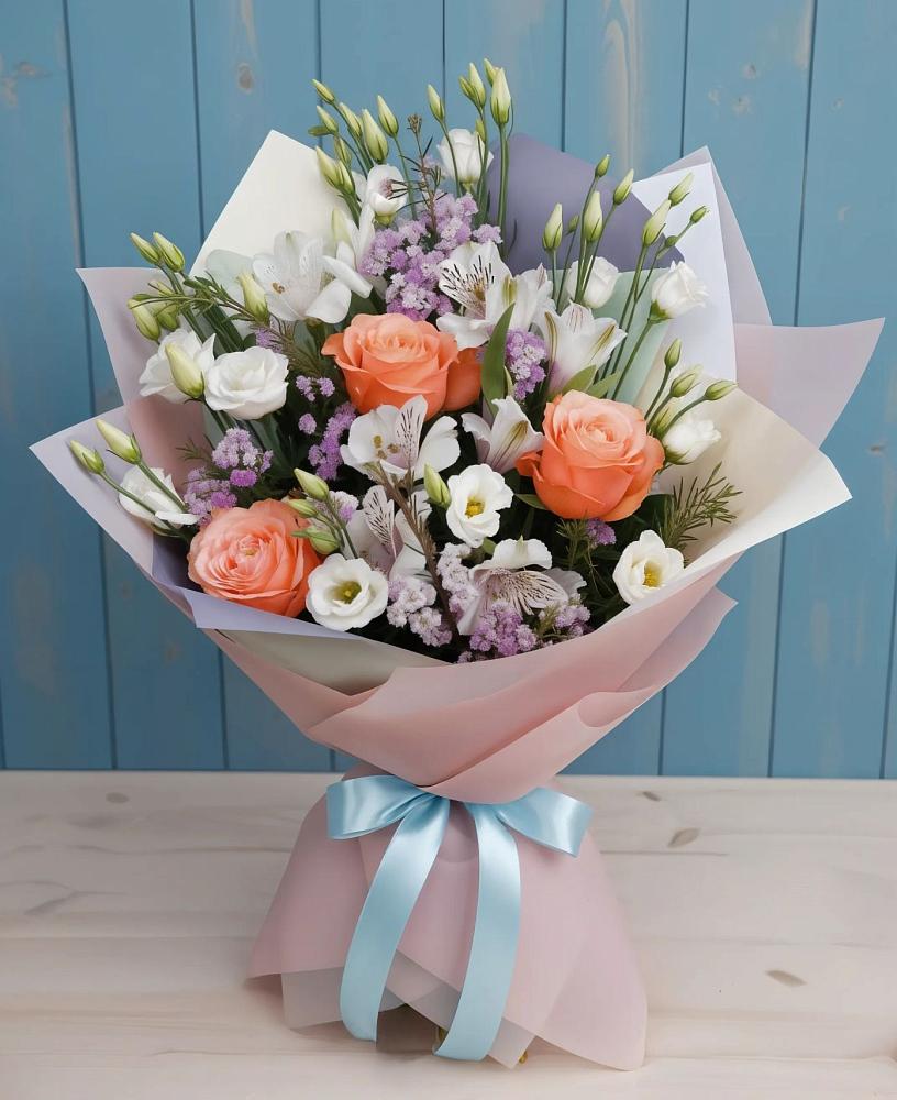 Букет цветов из: Лизиантусы, Розы, Альстромерии и Гипсофила в Вышестеблиевской