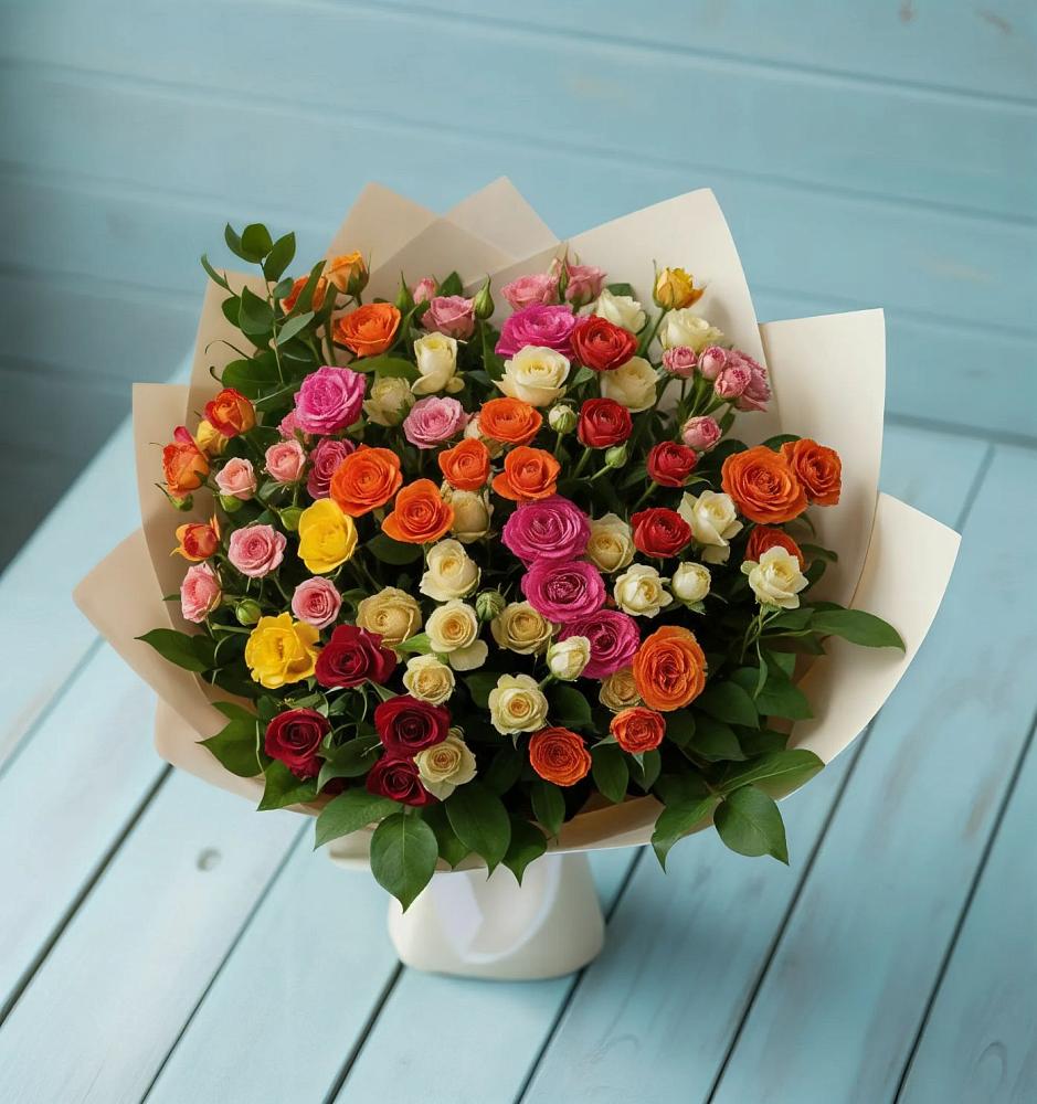 Букет Микс из разноцветных кустовых роз в Вышестеблиевской